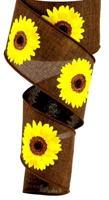 Sunflower on Brown 2.5" by 2 yards Fall Wired Ribbon Country Autumn Wreath Bow - Image 1 of 3
