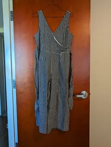 Banana Republic-Linen Blend Gingham Jumpsuit SzL Navy & White Cropped Wide Leg  - Picture 1 of 5