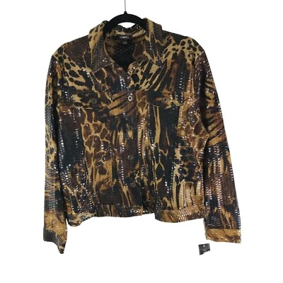 Elementz Womens Shacket Jacket Sequin Animal Print Button Front Brown L - Image 1 of 4