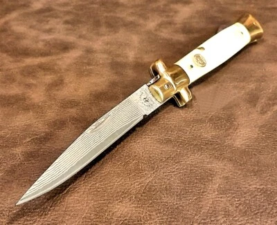 Kissing Crane Genuine Mother of Perl Real Damascus Stiletto Manual Pocket Knife