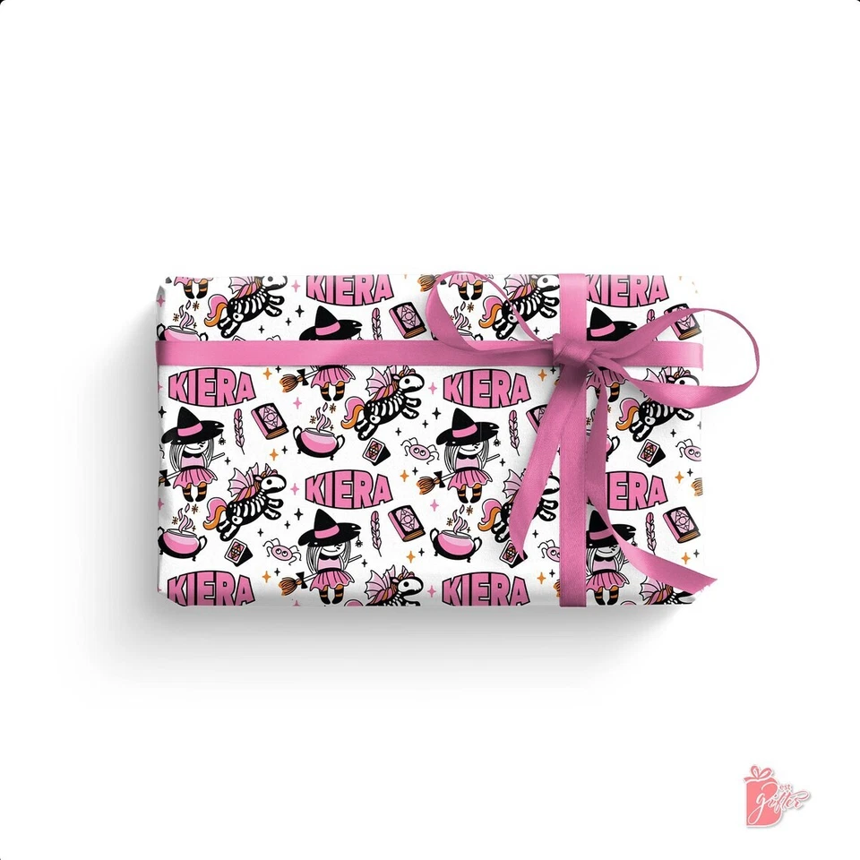 Papel de envolver regalo de Halloween personalizado con nombre coral unicornio envoltura de regalo 24" Foto 1 de 4
