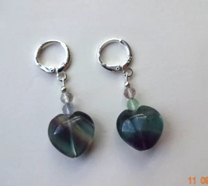 Green/purple FLUORITE AA quality HEART drop EAR RINGS St Silver Gift wrapped - Picture 1 of 1