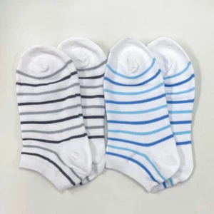 [2 in 1 Set] White BG Blue, Gray Color Line Pattern Korean Socks Children School - Picture 1 of 4