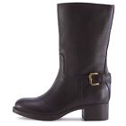 PRADA Buckled Vitello Daino Calfskin Leather Mid-Calf Boots Dark Brown Size 39