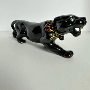 Vintage MCM Black Panther Statue Painted Gold Collar Green Jewel Eyes TV 13” - Picture 1 of 9