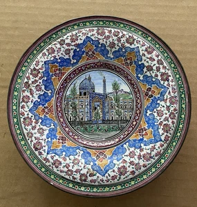 Gorgeous PERSIAN MINAKARI Decorative Copper Footed Plate colorful BUILDING #2 - Picture 1 of 8
