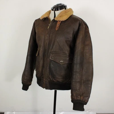 Italian Shearling Lined Military Leather Bomber Jacket Mens L Brown Lampo Zipper - Image 1 of 4