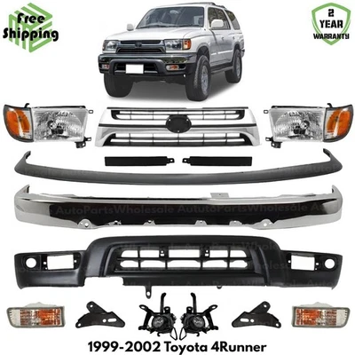 Front Bumper Face Bar Chrome Steel & Headlights Kit For 1999-2002 Toyota 4Runner Foto 1 de 4