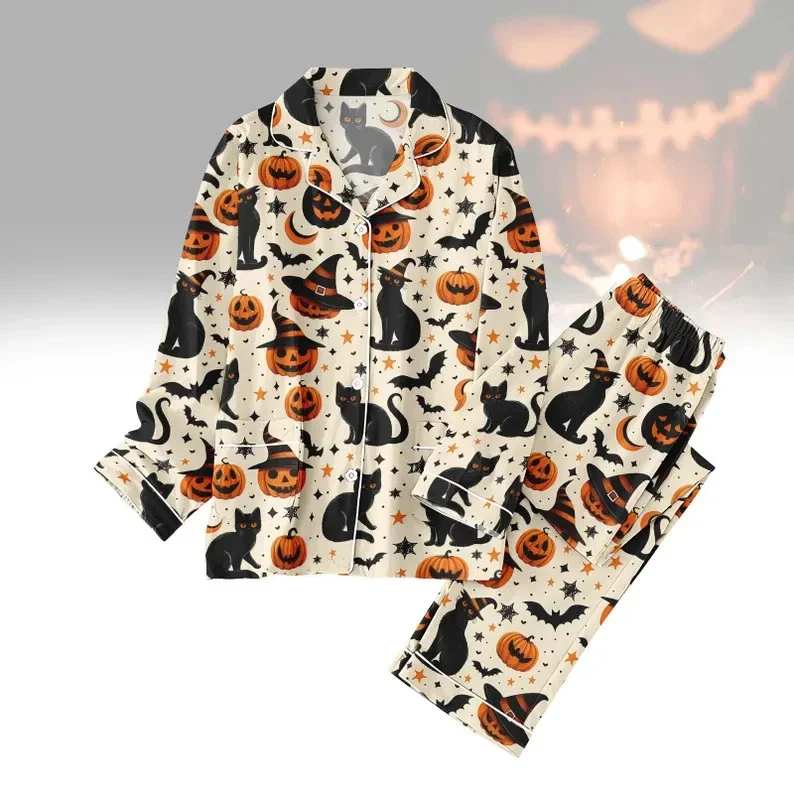 Conjunto de pijama unissex Halloween gato abóbora manga longa botão top e calça P-5XL - Imagem 1 de 4
