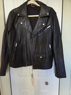 Chaqueta de moto de cuero genuino Zara para hombre nueva con etiquetas motocicleta motociclista perfecta negra sobre negra M Foto 1 de 4