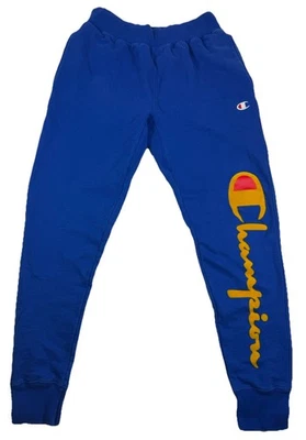 Pantalones deportivos Champion Jogger vintage para hombre medianos azul terciopelo escritura tejido inverso Foto 1 de 4