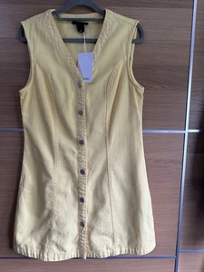 Monki Size 38 Uk 10 Yellow Denim Button Up Mini Dress V Neck Sleeveless Bnwt BF3 - Picture 1 of 6