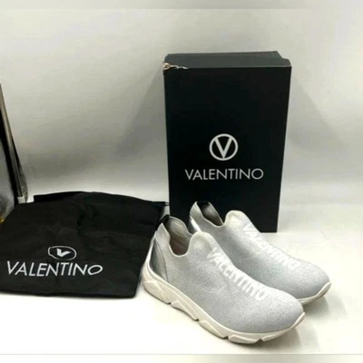 Valentino Italia Diseñador Queenie Gris Blanco Plata Espacio Calcetín Tenis Sin Mangas 10 Foto 1 de 4