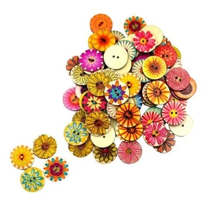 100 PCS Wood Buttons Random Flowers Decorative Round Button Sewing Crafting - Picture 1 of 15