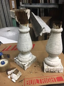 2 Salvaged turned Victorian baluster chippy paint 16.5" h x 4.5/5.5" sq *AS IS* - Picture 1 of 11