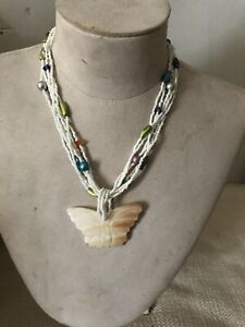Beautiful Shell Butterfly Pendant On White Beaded Necklace