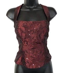 Vintage Burgundy Corset Top Prom Dance ZumZum Jr 11 Iridescent Sequin Halter - Picture 1 of 11