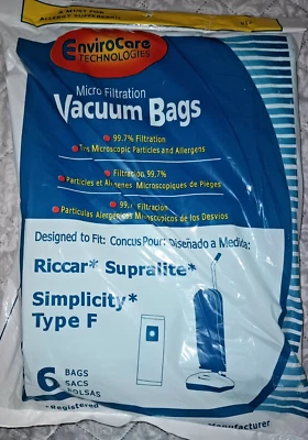 Six Type F Vacuum Cleaner Bags Riccar Supralite Simplicity Micro Filters 99.7% - Image 1 of 4