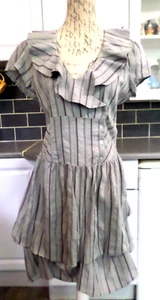 NEXT GREY & MAUVE STRIPE PICK UPS SKIRT FRILL DECO DRESS SIZE 16 PETITE NEW £48 - Picture 1 of 7