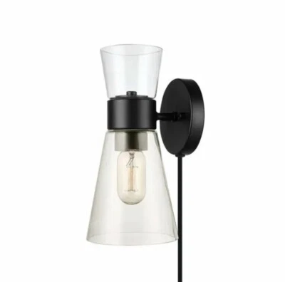 Harris 1-Light Dark Bronze Plug-In or Hardwire Wall Sconce w/ Clear Glass Shade - Image 1 of 4