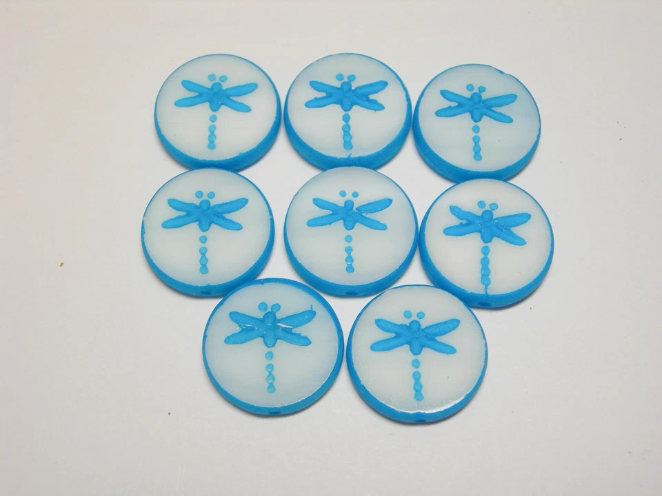 8 17mm Czech Glass White with Capri Blue Finish  Dragonfly Coin Beads - Image 1 of 1