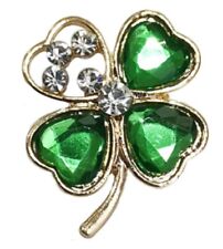 Green Four Leaf Clover 4 Diamante Shamrock Brooch 4 Irish Gold Broach Lapel Pin 