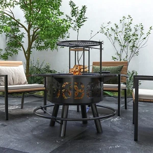 Outdoor Wood Burning Fire Pit Barbecue BBQ Grill with Poker Backyard Fireplace - Picture 1 of 8