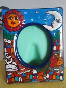 VTG Mexican Folk Art Pottery Picture Frame SUN MOON FACE Red BLUE Turquoise - Picture 1 of 4