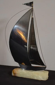 Vintage MCM Messing Kupfer Segelboot Onyx Sockel BRUTALIST Skulptur signiert DeMott - Bild 1 von 5