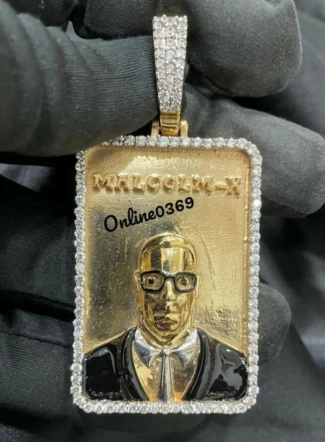 男式珐琅 3D Malcom-X 吊坠 0.50 克拉天然莫桑石 925 银免费耳钉 — 第 1/4 张图片