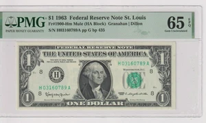 Fr 1900-H NON MULE 1963 $1 FRN H01565464A bp450 PMG 65EPQ ST. LOUIS - Picture 1 of 2