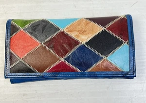 Women's Trifold Leather Wallet Teal Multi Colored Patchwork Mirror Clutch - Picture 1 of 5
