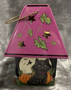 Espeluznante Halloween Gato Negro con Sombrero de Bruja Linterna de Lata Candelabro Votivo - Imagen 1 de 4