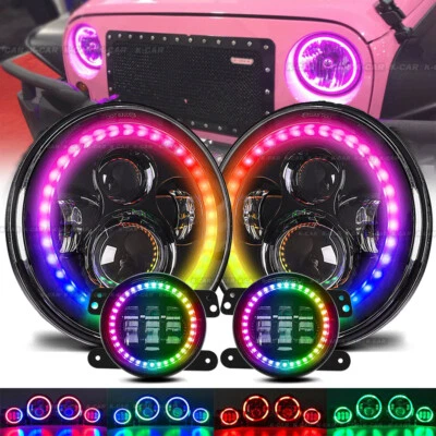 适用于吉普牧马人 JK JKU 07-17 组合 RGB 7 英寸 LED 车头灯 4 英寸雾灯套件 — 第 1/4 张图片
