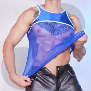 Men Mesh Tank Tops Vest Cami Shirts Splice Clubwear Party Sheer Lingerie Tee - Picture 1 of 18