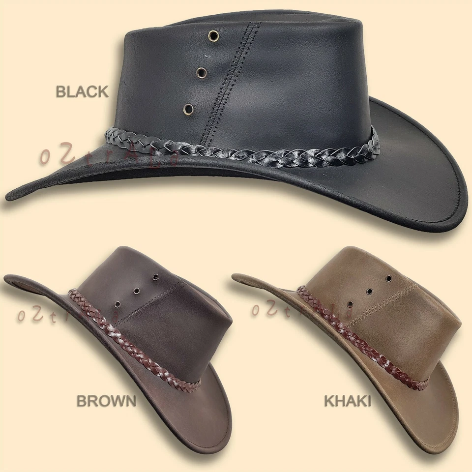 【oZtrALa】 Sombrero de Cuero CANGURO Engrasado Outback para Hombres Negro Jacaru AUSTRALIANO Foto 1 de 4