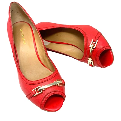 Saks Fifth Avenue Coral Leather Horsebit Peep Toe Wedge Pump Womens Size 8 - Image 1 of 4