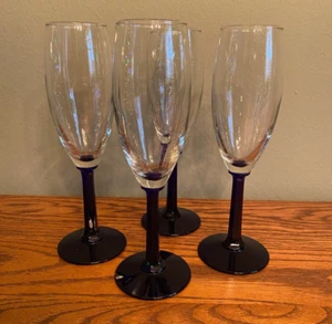 Clear w/ Cobalt Blue Stem Champagne Glasses - Set of 4 - Picture 1 of 4