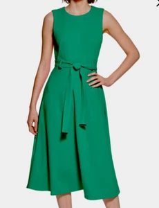 CALVIN KLEIN S/LESS FIT&FLARE, BELTED MIDI DRESS, MEADOW, SIZE 8 NWT - Picture 1 of 6