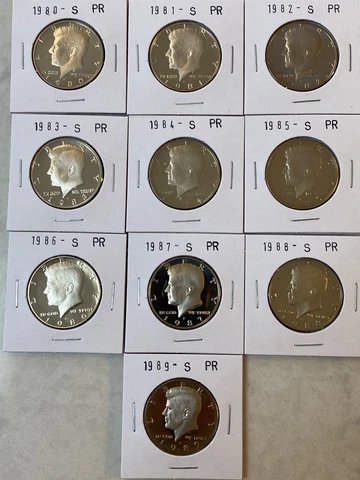 1980 To 1989 S Proof Clad KENNEDY HALF DOLLARS Set of 10 Coins Cover