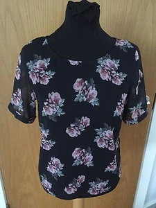 CLASSY BEAUTIFUL BLACK & PINK FLORAL SHEER TOP/BLOUSE CUT OUT BACK SIZE 8 - Picture 1 of 11