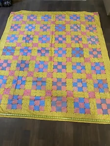 Antique Handmade Crazy Quit Large 74”x84” Multicolored Yellow Reverse Hand Made! - Picture 1 of 13