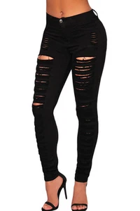 Pantalone donna jeans skinny denim vita alta strappato aderente tasche - Picture 1 of 5