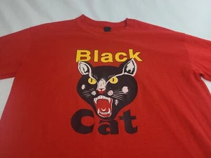 Vtg 80s 1990s Black Cat Fireworks Firecracker T-SHIRT Large Red Single Stitch - Picture 1 of 15