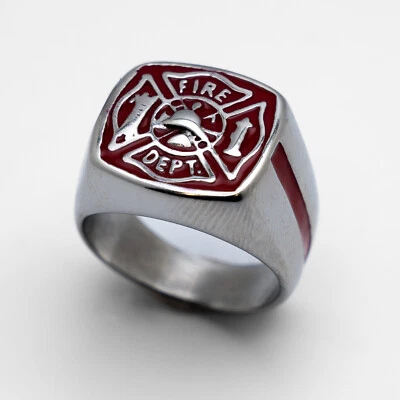 Red Firefighter's Ring Unisex Maltese Cross Stainless Steel Ring 108 - Image 1 of 4