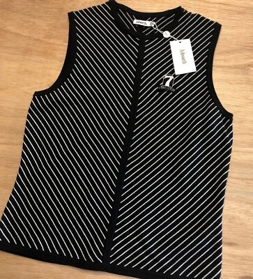 ASHWORTH 女式复古套衫高尔夫毛衣背心 M 码全新带标签黑色条纹徽标 80 年代 — 第 1/4 张图片