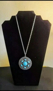 Vintage Ornate Silver Tone Faux Turquoise Medallion Lavalier Pendant Necklace - Picture 1 of 7