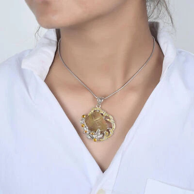 Collana fatta a mano al quarzo in argento sterling 925 con pietre preziose ru... - Immagine 1 di 4