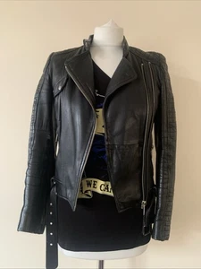 Zara Trafaluc Women's Vintage Real Leather Black Biker Jacket Size S - Picture 1 of 18