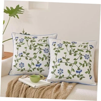 Capas de travesseiro de verão 18x18 - Travesseiro floral bordado azul flor branca - Imagem 1 de 4